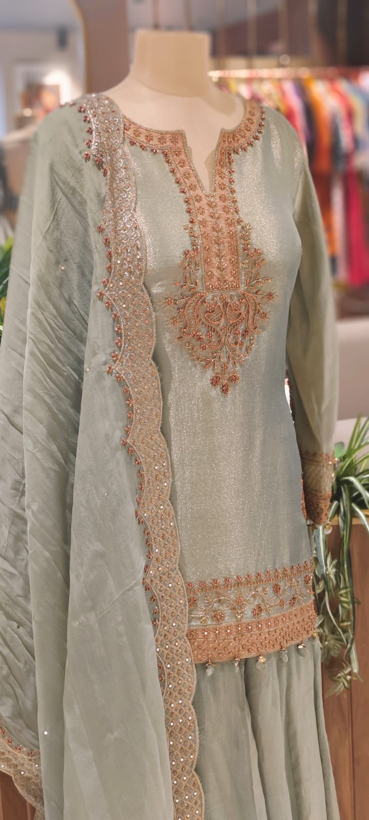 Grand Antique Heer-E-Noor Luxe Golden Beads Beautifully Hand Worked Round Cut Kurta With Sharara Bottom & Dupatta- 12963