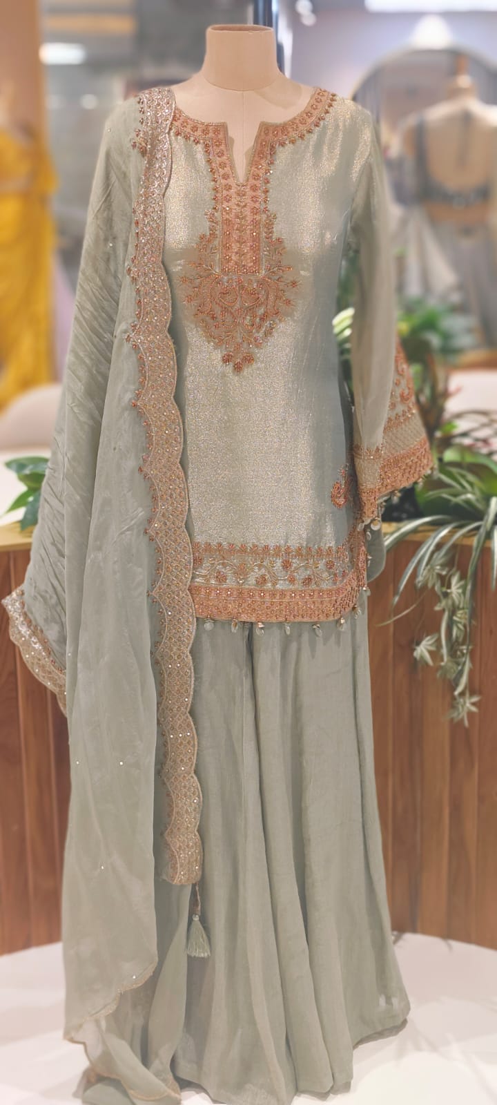 Grand Antique Heer-E-Noor Luxe Golden Beads Beautifully Hand Worked Round Cut Kurta With Sharara Bottom & Dupatta- 12963