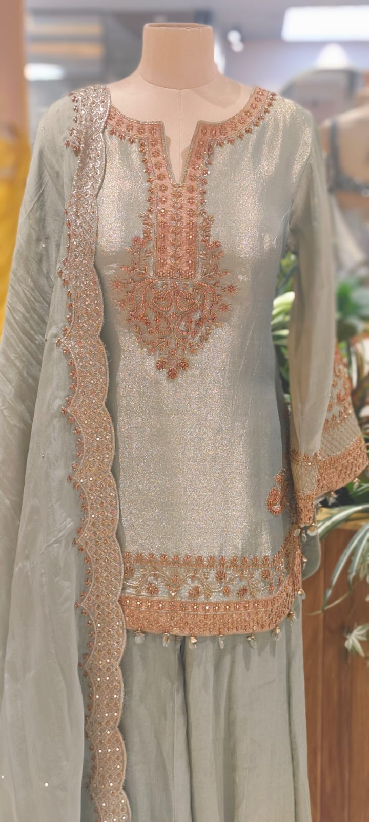 Grand Antique Heer-E-Noor Luxe Golden Beads Beautifully Hand Worked Round Cut Kurta With Sharara Bottom & Dupatta- 12963