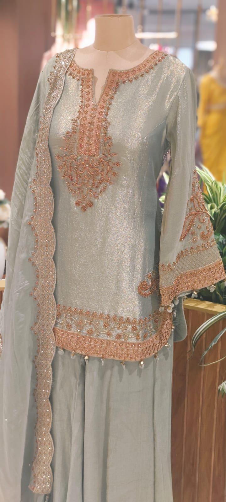 Grand Antique Heer-E-Noor Luxe Golden Beads Beautifully Hand Worked Round Cut Kurta With Sharara Bottom & Dupatta- 12963