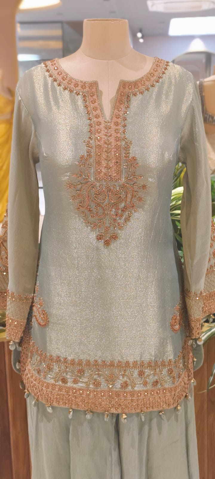 Grand Antique Heer-E-Noor Luxe Golden Beads Beautifully Hand Worked Round Cut Kurta With Sharara Bottom & Dupatta- 12963