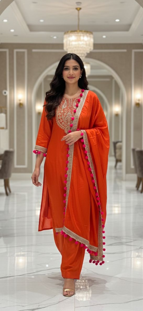 Zardosi Work Bright Shade Pom Pom Full Suit Set With Dupatta In Dola Silk Fabric- 12829