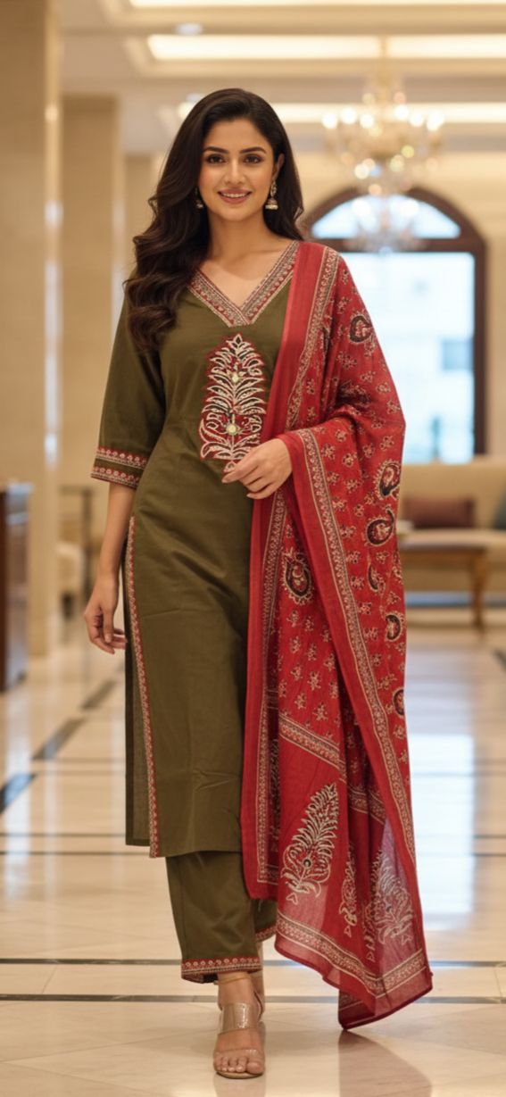 Palm Print Highlighted V-Neck Line Full Suit With Dupatta In Cotton Fabric- 12983 Lean Fit.0/