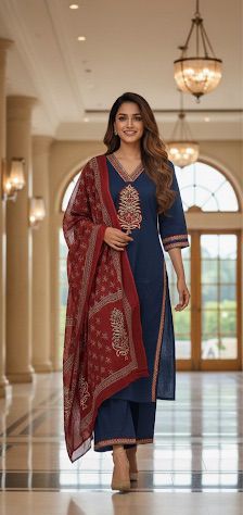 Palm Print Highlighted V-Neck Line Full Suit With Dupatta In Cotton Fabric- 12983 Lean Fit.0/