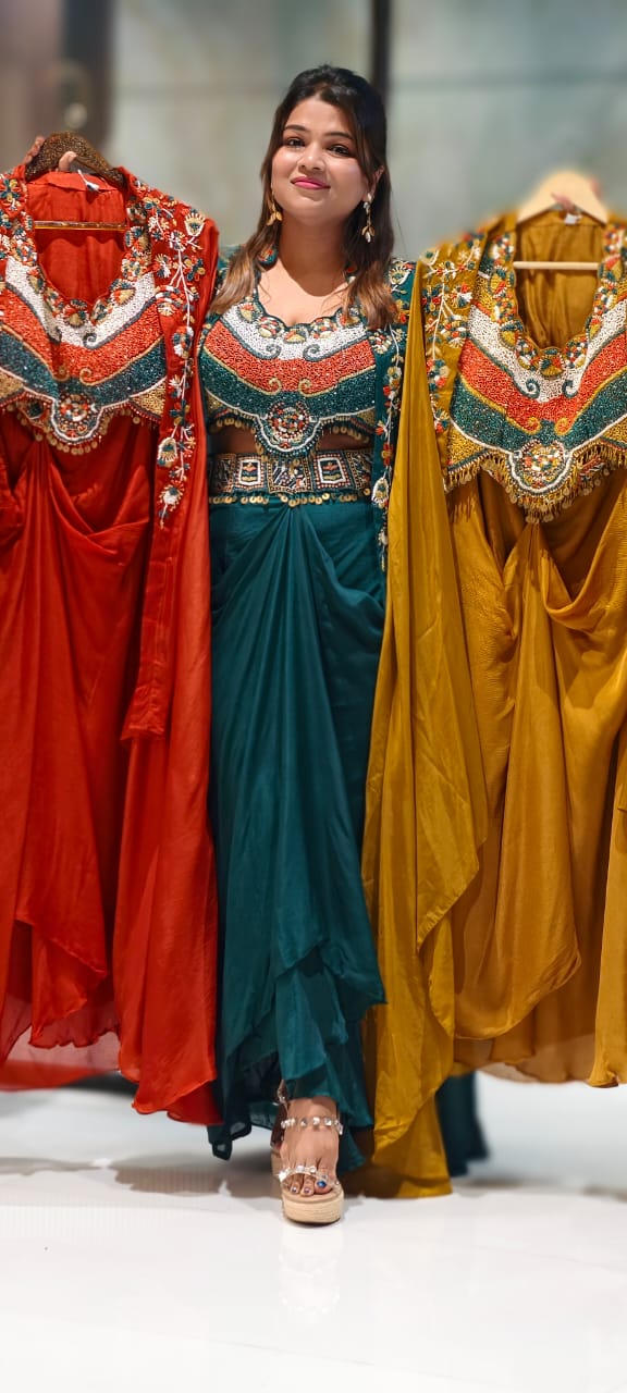 Rich Festive Tribal Multicolor Hand-Embroidered Buster With Shrug & Draped Skirt Indo-Western Outfit- 12975