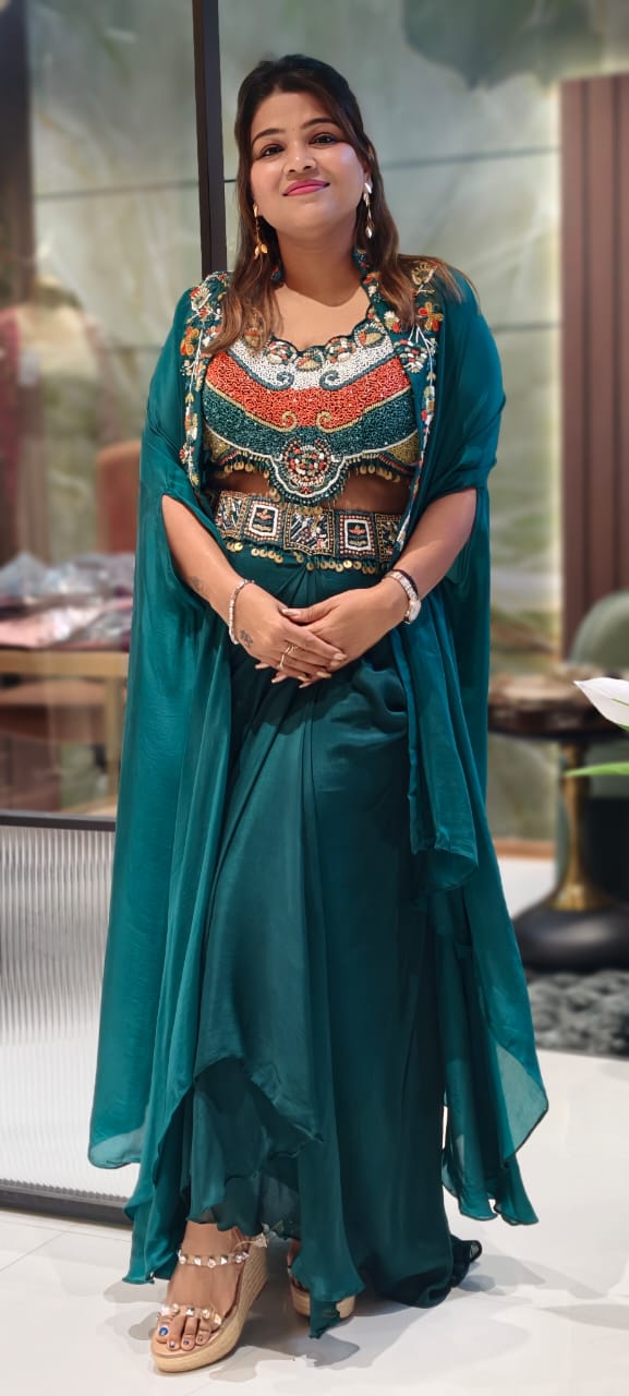 Rich Festive Tribal Multicolor Hand-Embroidered Buster With Shrug & Draped Skirt Indo-Western Outfit- 12975