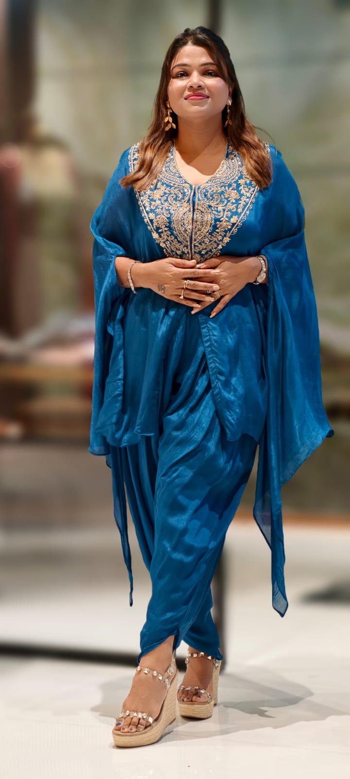 Mughal Golden Grace Embroidered Chinon Cape With Padded Buster & Tulip Bottom- 12876