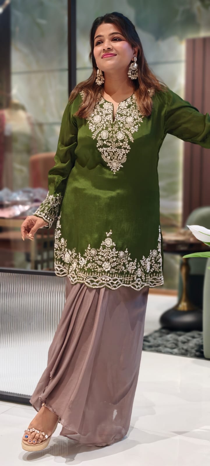 Dual Color Combination Stylish Handwork Short Length Kurta With Drape Skirt- 12972