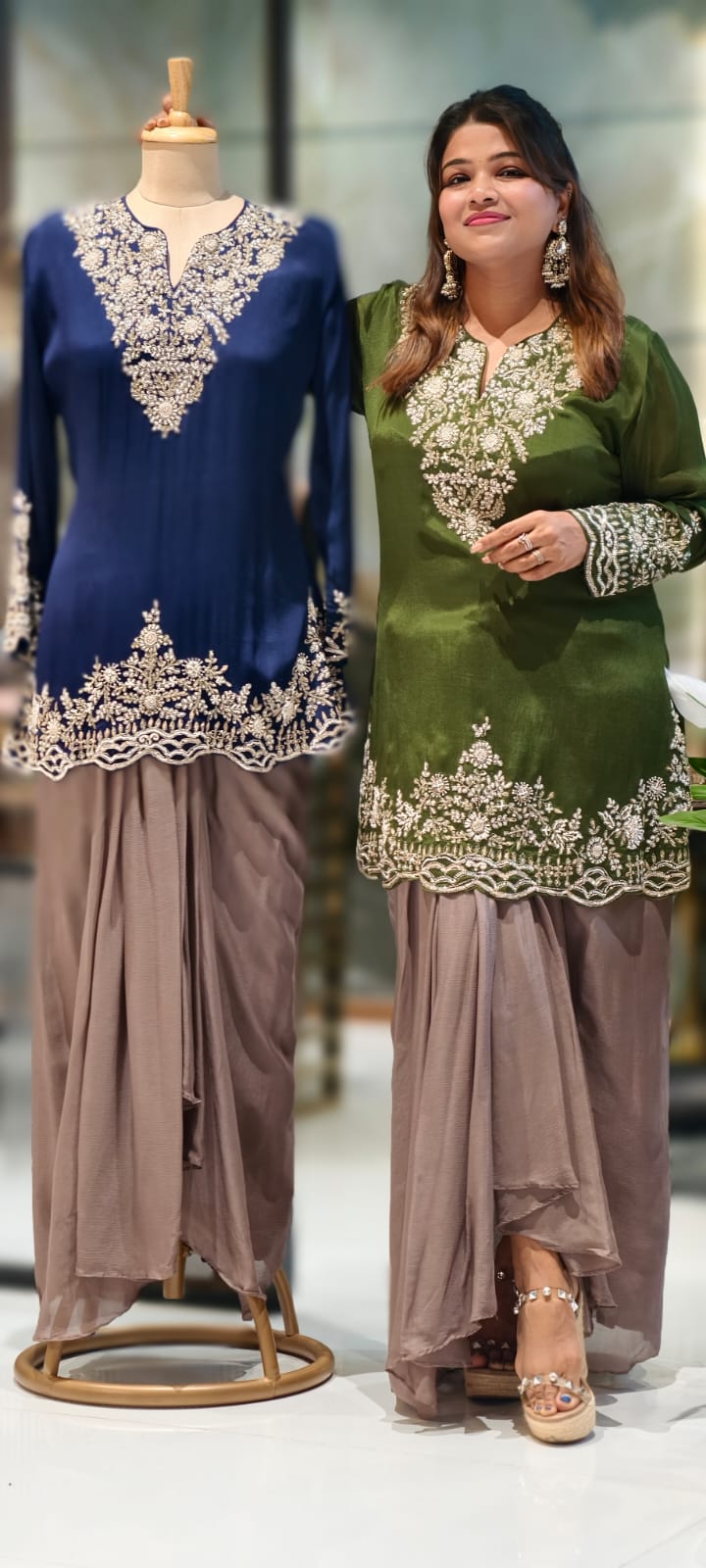 Dual Color Combination Stylish Handwork Short Length Kurta With Drape Skirt- 12972