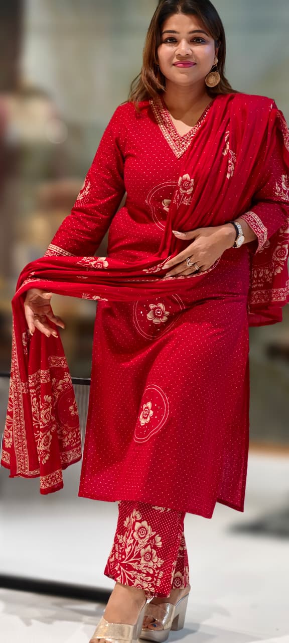 V-Neck Rose Print Round Work Dotted Cotton Full Suit Set With Dupatta- 12978
