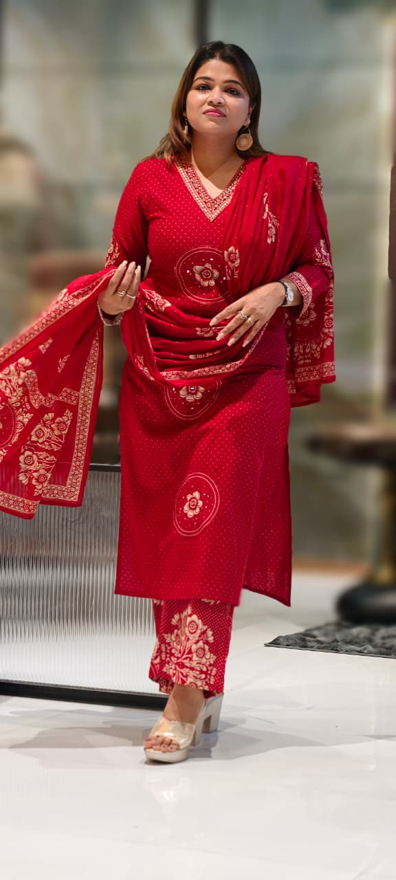 V-Neck Rose Print Round Work Dotted Cotton Full Suit Set With Dupatta- 12978