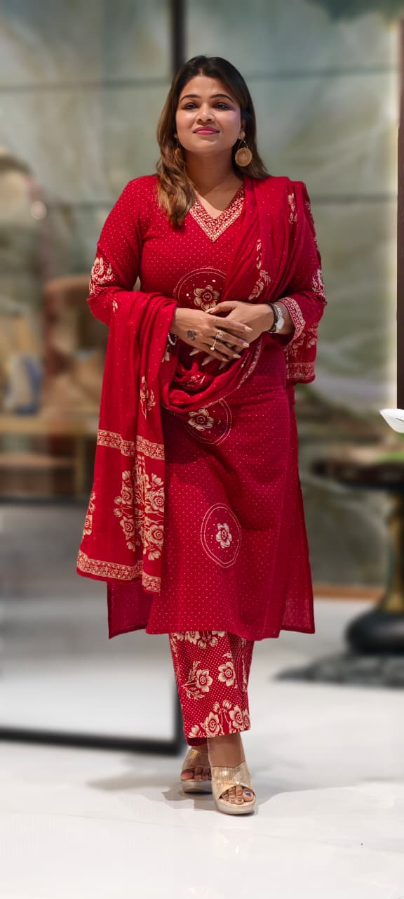 V-Neck Rose Print Round Work Dotted Cotton Full Suit Set With Dupatta- 12978