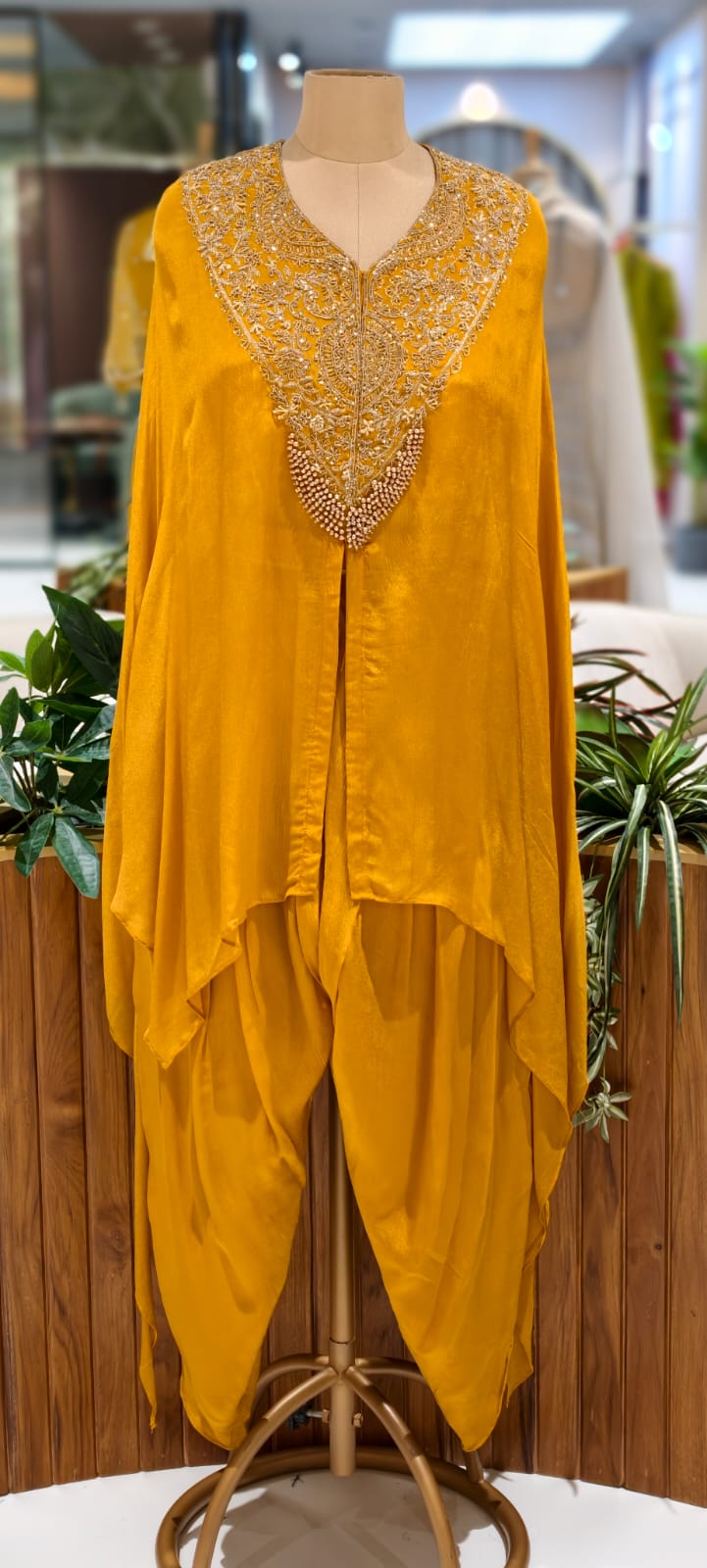 Mughal Golden Grace Embroidered Chinon Cape With Padded Buster & Tulip Bottom- 12876