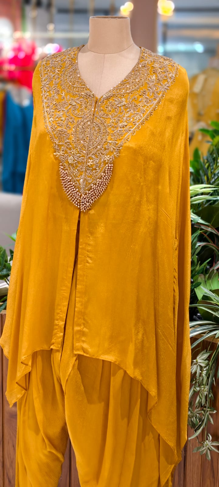 Mughal Golden Grace Embroidered Chinon Cape With Padded Buster & Tulip Bottom- 12876