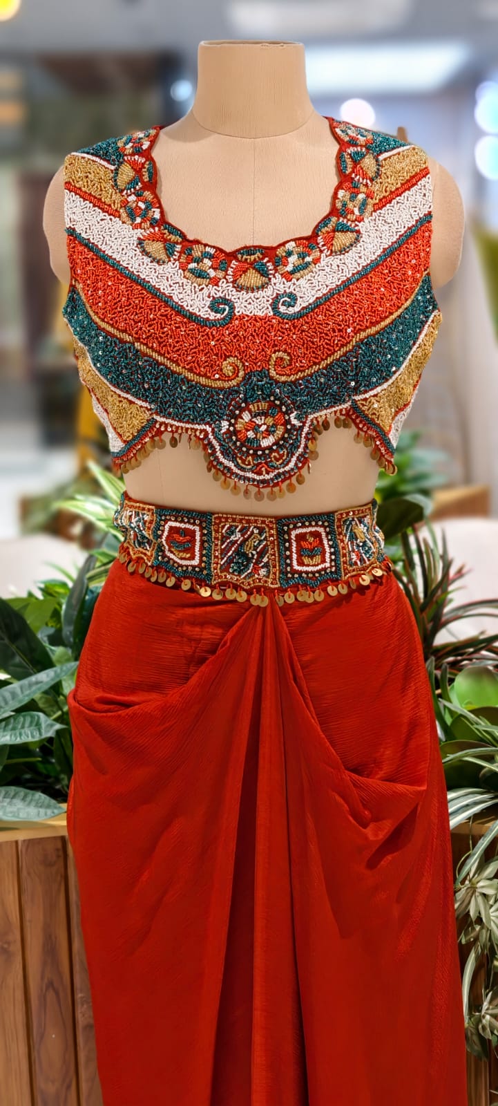 Rich Festive Tribal Multicolor Hand-Embroidered Buster With Shrug & Draped Skirt Indo-Western Outfit- 12975