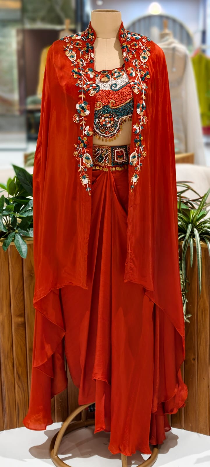 Rich Festive Tribal Multicolor Hand-Embroidered Buster With Shrug & Draped Skirt Indo-Western Outfit- 12975