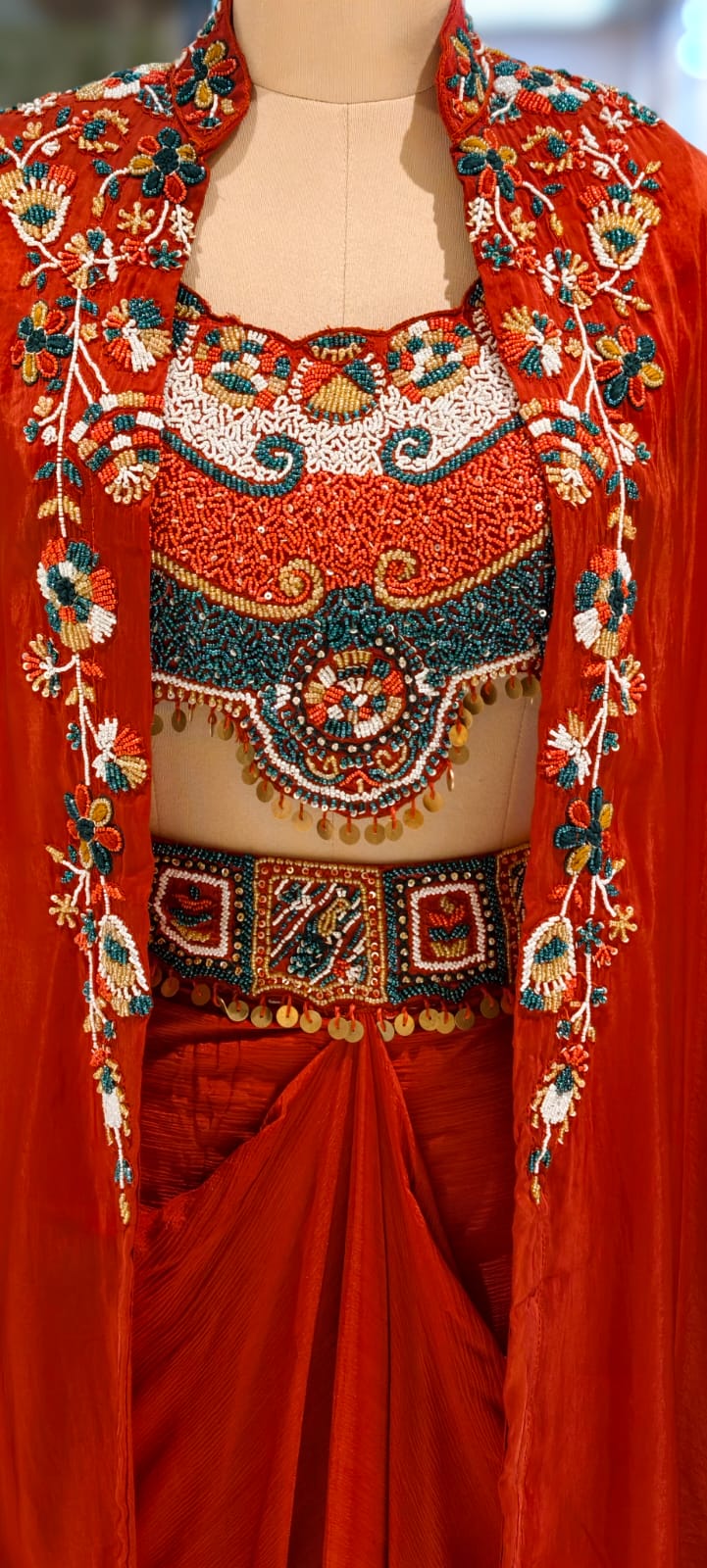 Rich Festive Tribal Multicolor Hand-Embroidered Buster With Shrug & Draped Skirt Indo-Western Outfit- 12975