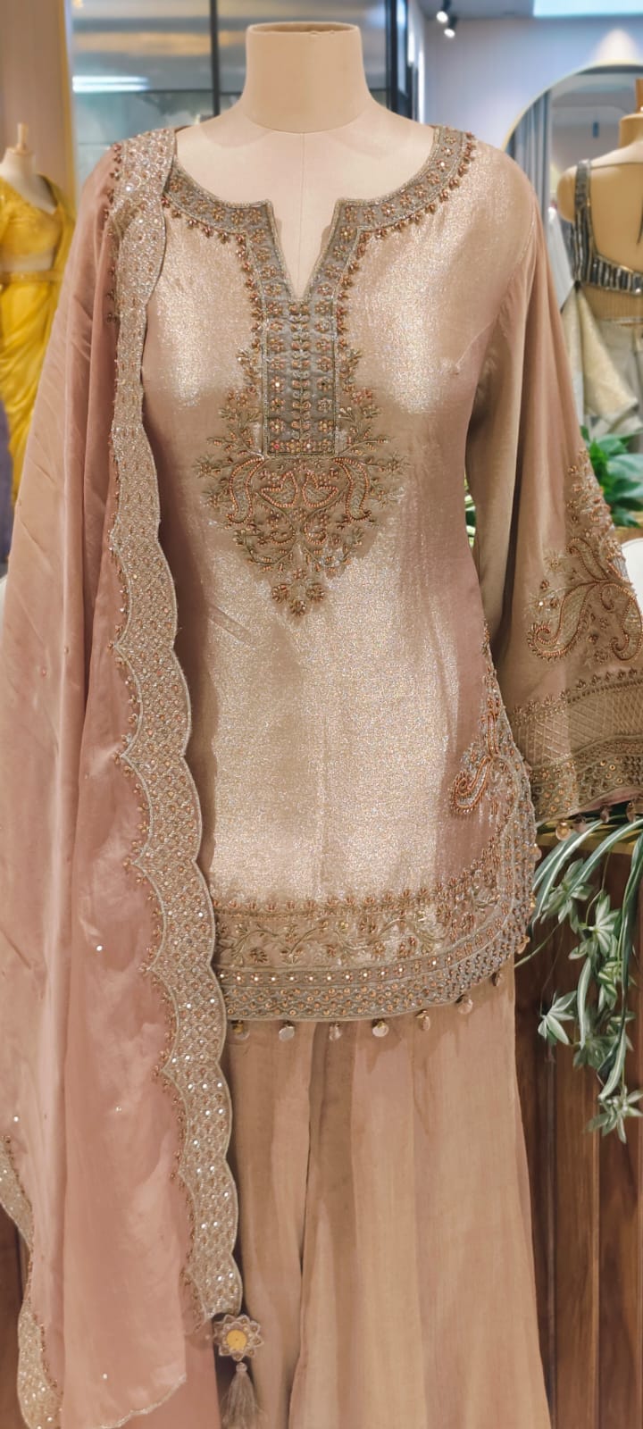 Grand Antique Heer-E-Noor Luxe Golden Beads Beautifully Hand Worked Round Cut Kurta With Sharara Bottom & Dupatta- 12963