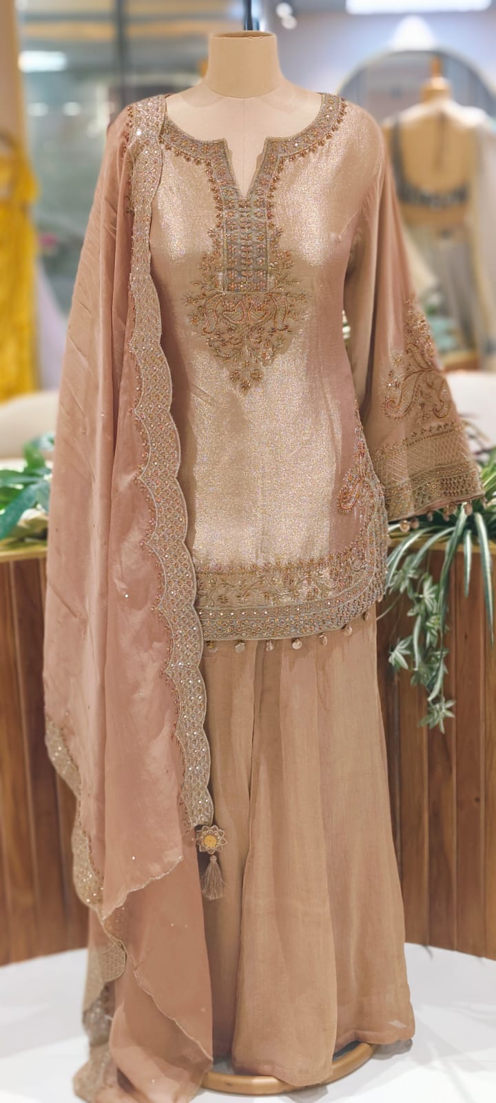 Grand Antique Heer-E-Noor Luxe Golden Beads Beautifully Hand Worked Round Cut Kurta With Sharara Bottom & Dupatta- 12963