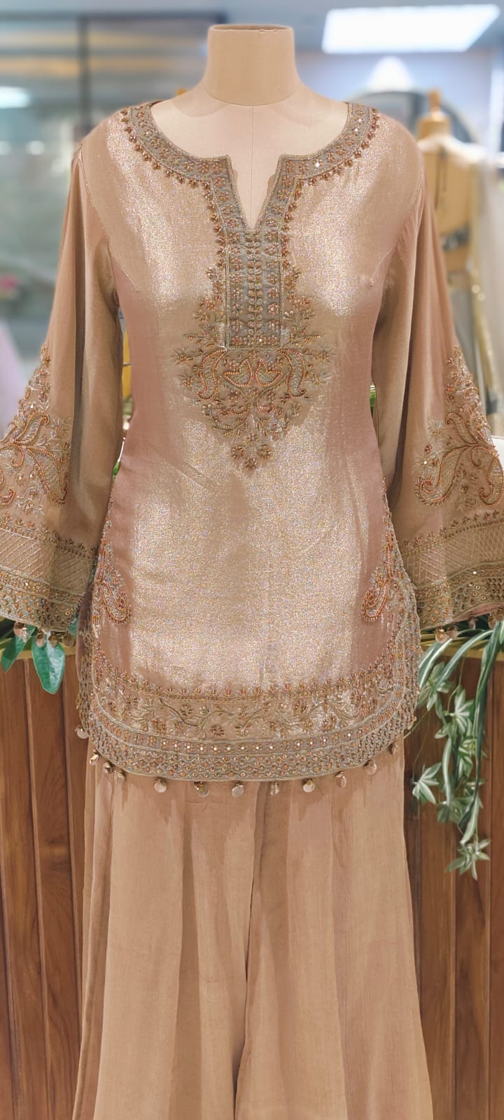 Grand Antique Heer-E-Noor Luxe Golden Beads Beautifully Hand Worked Round Cut Kurta With Sharara Bottom & Dupatta- 12963