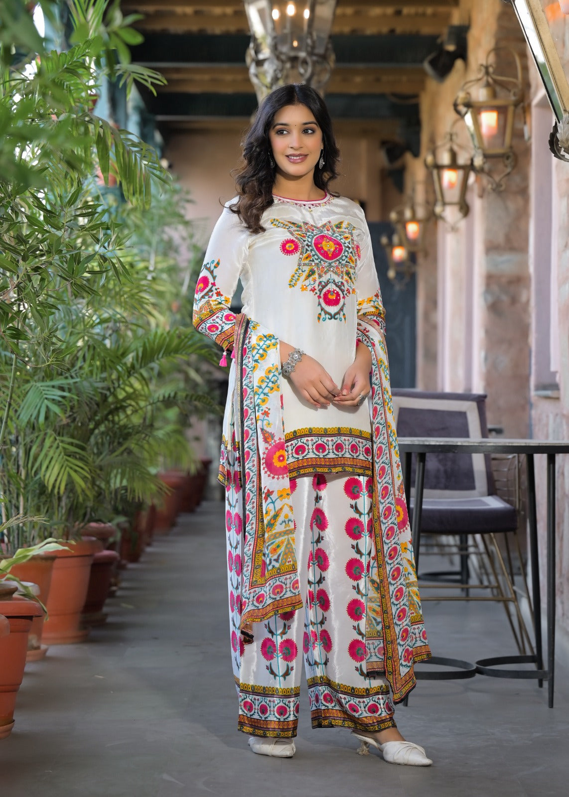 Vibrant Colors Printed Tasseled Full Suit Set With Dupatta In Crepe Fabric-13010