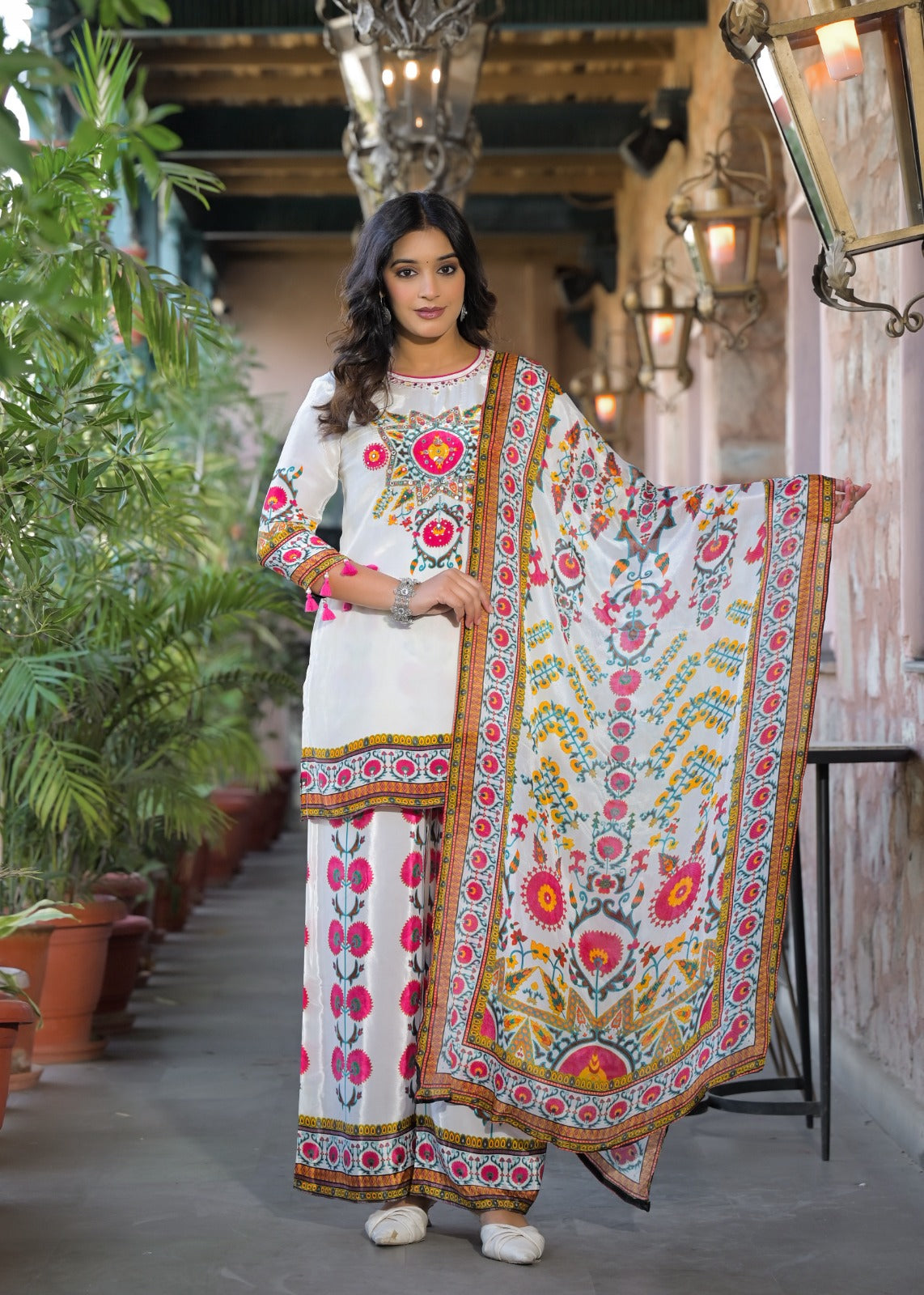 Vibrant Colors Printed Tasseled Full Suit Set With Dupatta In Crepe Fabric-13010