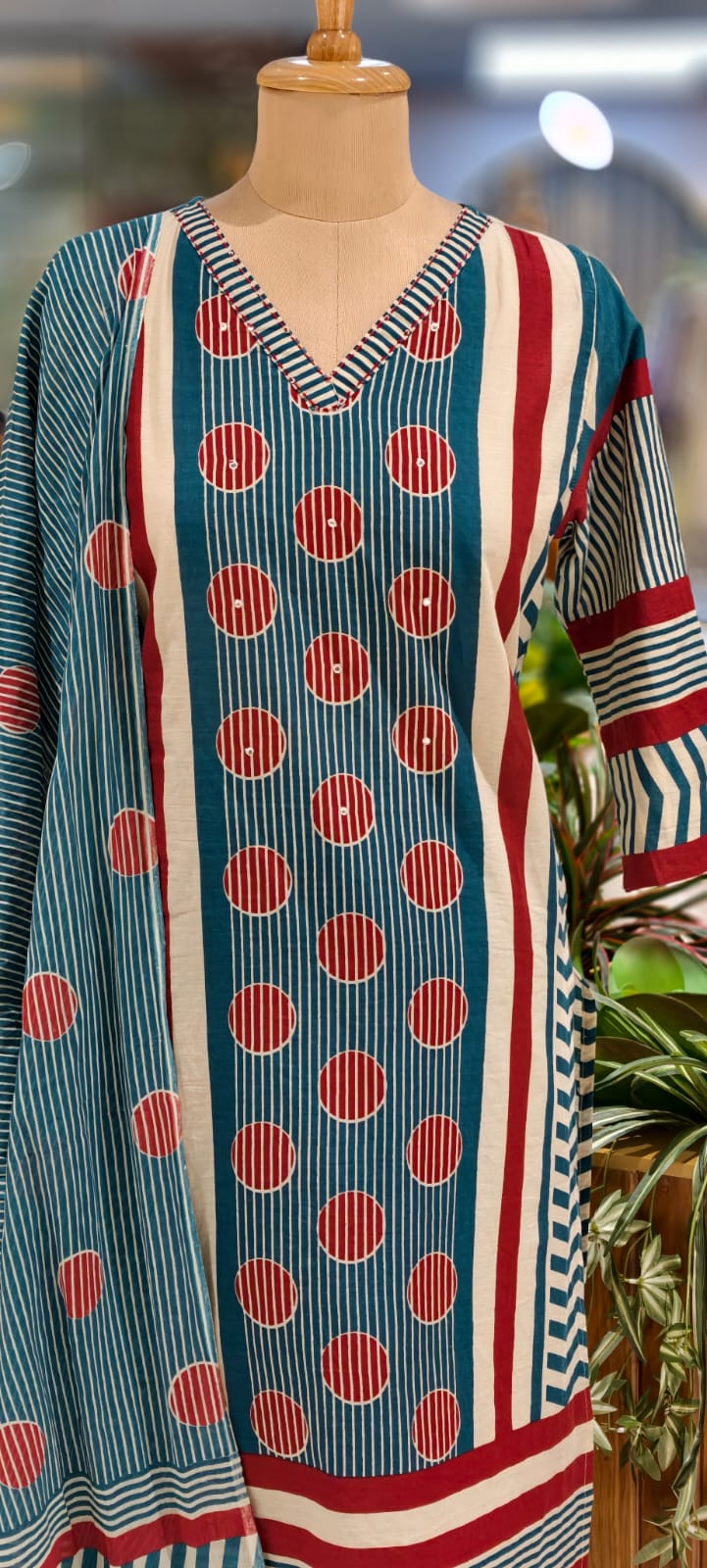 Teal Blue Cotton Printed Kurta Set With Straight Pants & Flowing Dupatta-12988