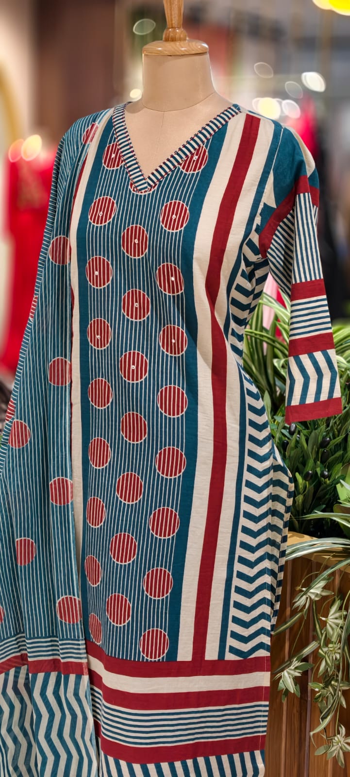 Teal Blue Cotton Printed Kurta Set With Straight Pants & Flowing Dupatta-12988