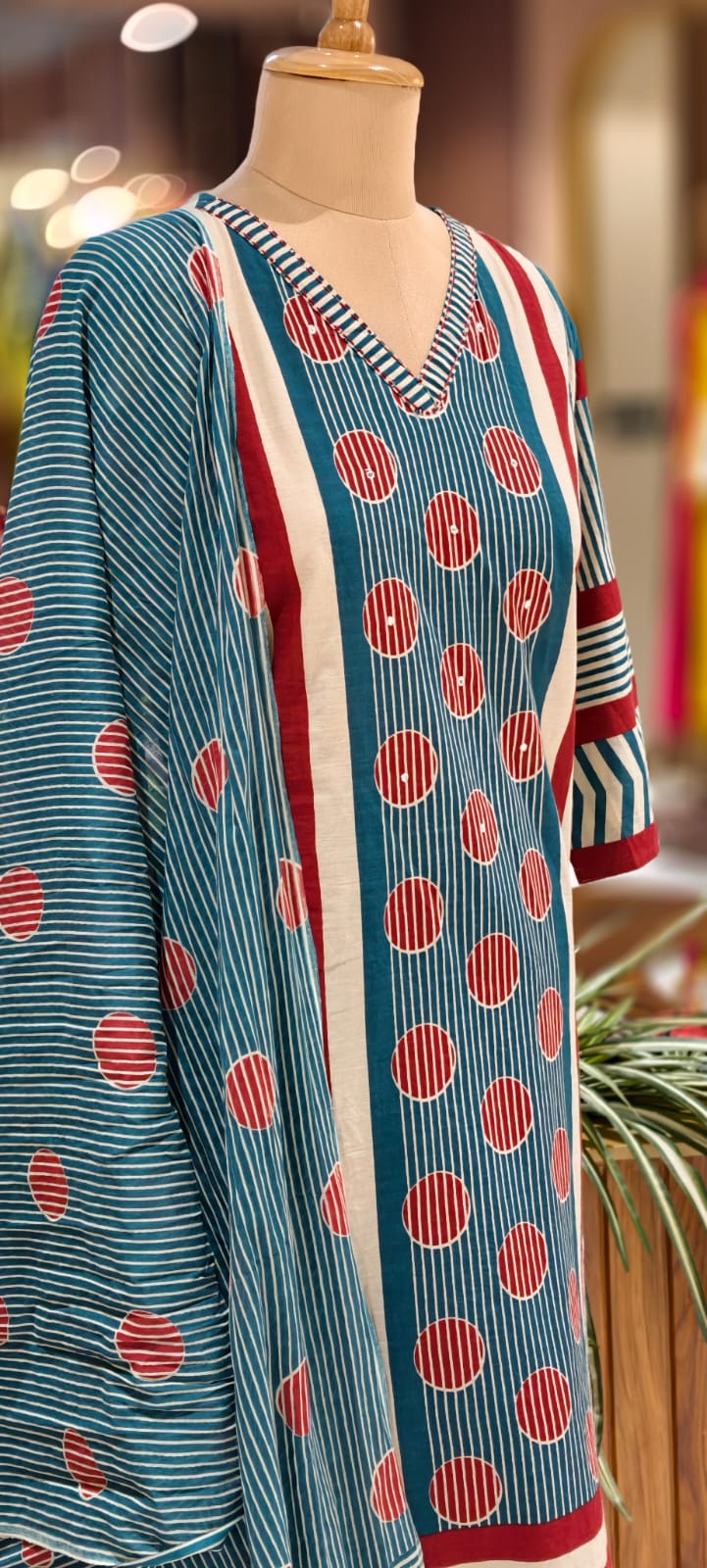 Teal Blue Cotton Printed Kurta Set With Straight Pants & Flowing Dupatta-12988