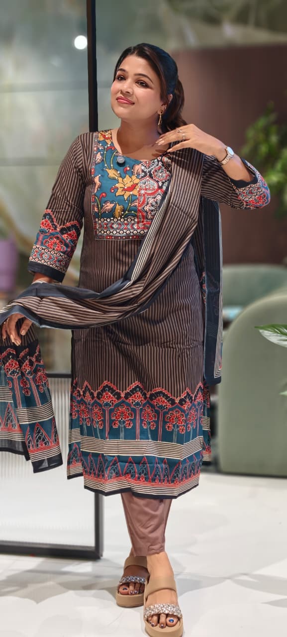 Multicolor Ajrak Print Beautifully Striped Cotton Full Suit Set With Dupatta-12988