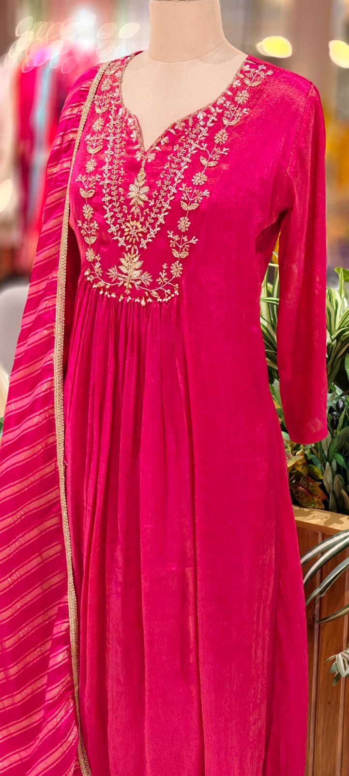 Vibrant Gulabi Blush Crush Look A-Line Full Suit Set With Dupatta In Tissue Fabric-12996