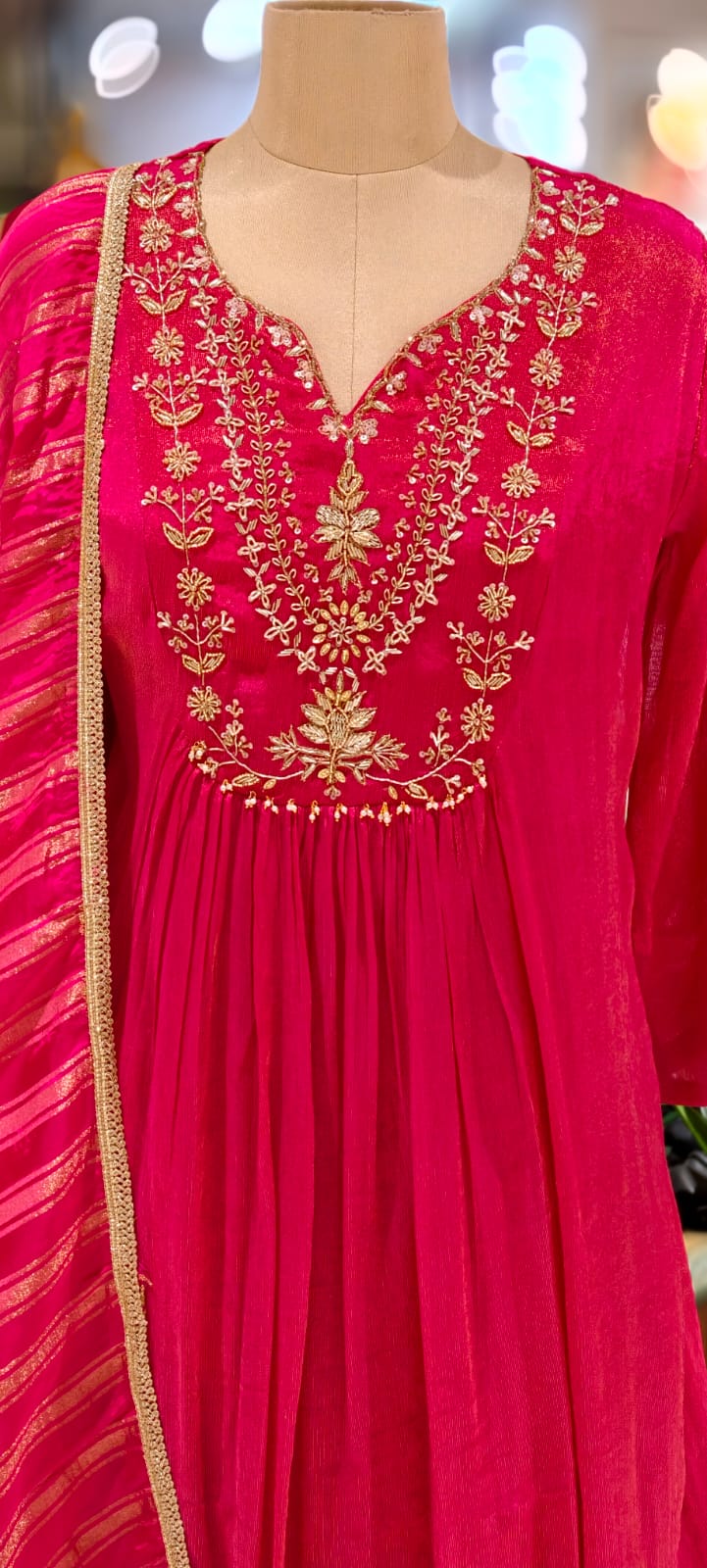 Vibrant Gulabi Blush Crush Look A-Line Full Suit Set With Dupatta In Tissue Fabric-12996