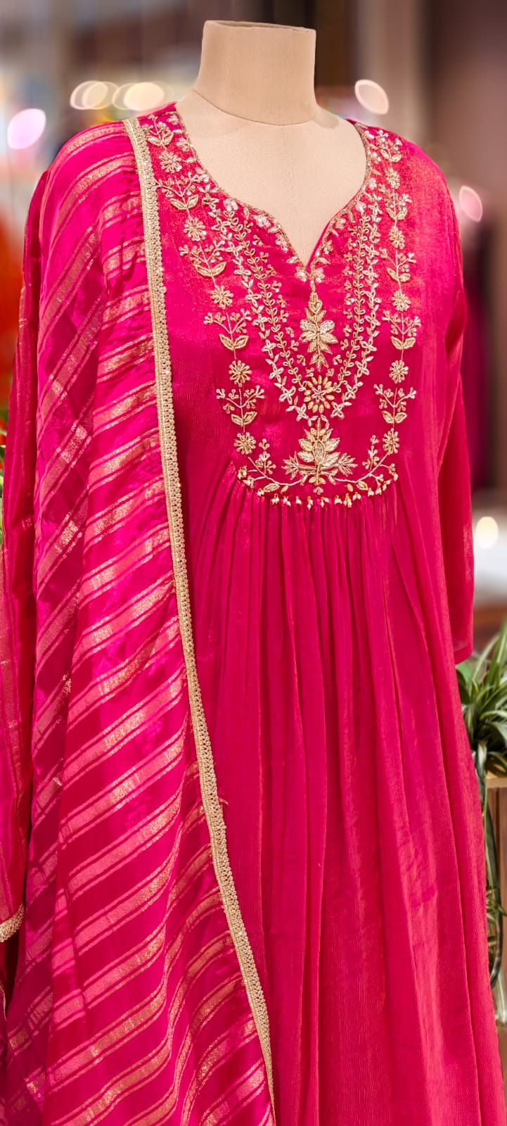 Vibrant Gulabi Blush Crush Look A-Line Full Suit Set With Dupatta In Tissue Fabric-12996
