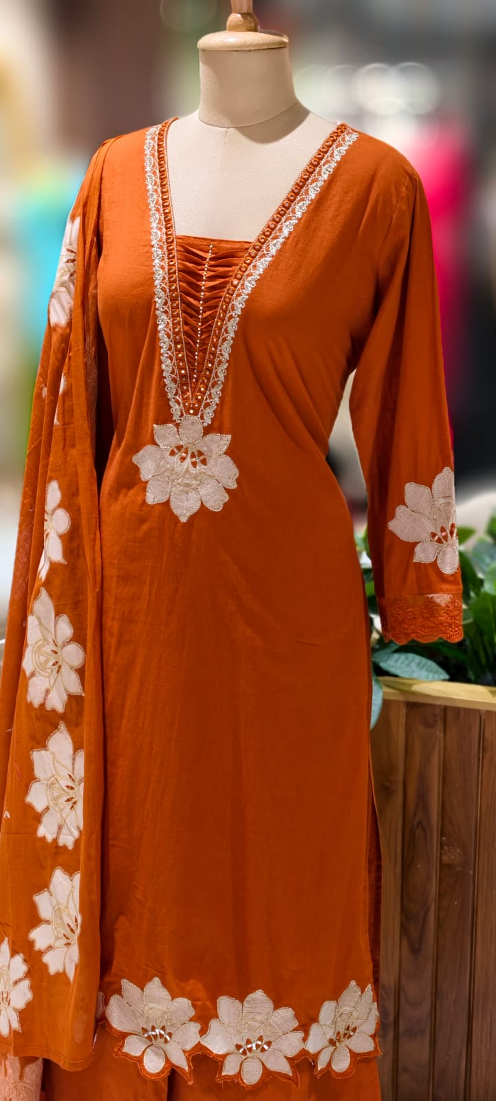 Floral Cut-Work Unique Pleated V-Neck Line Cotton Full Suit Set With Dupatta- 13007