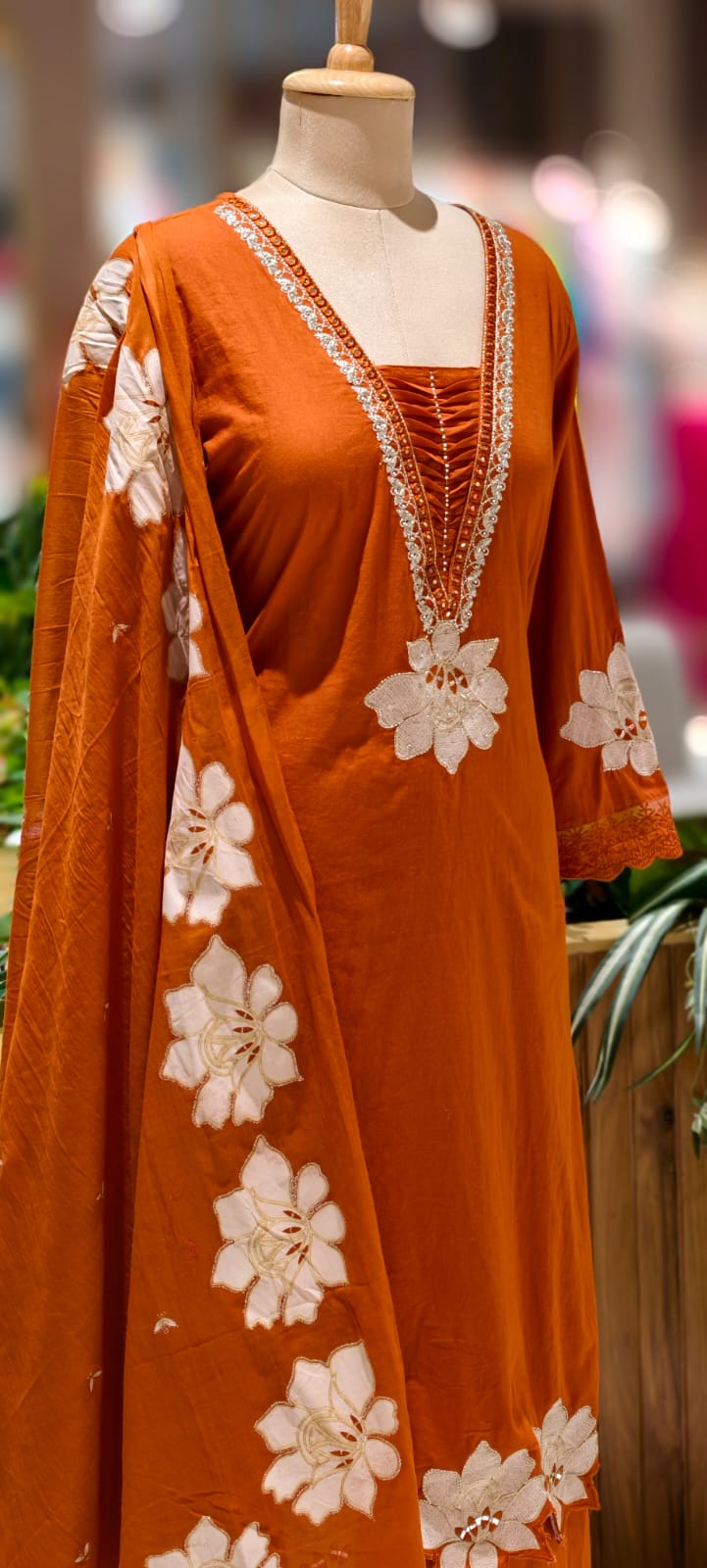 Floral Cut-Work Unique Pleated V-Neck Line Cotton Full Suit Set With Dupatta- 13007