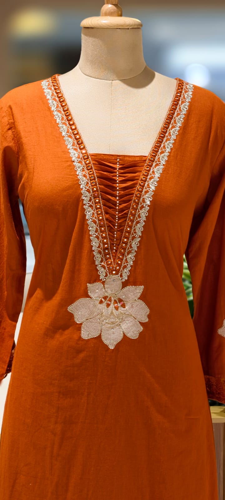 Floral Cut-Work Unique Pleated V-Neck Line Cotton Full Suit Set With Dupatta- 13007