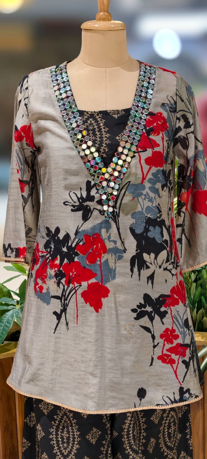 Real Mirror V-Neck Printed Kurta With Inner & Bottom In Modal Silk Fabric- 12992 Dispatching on Monday