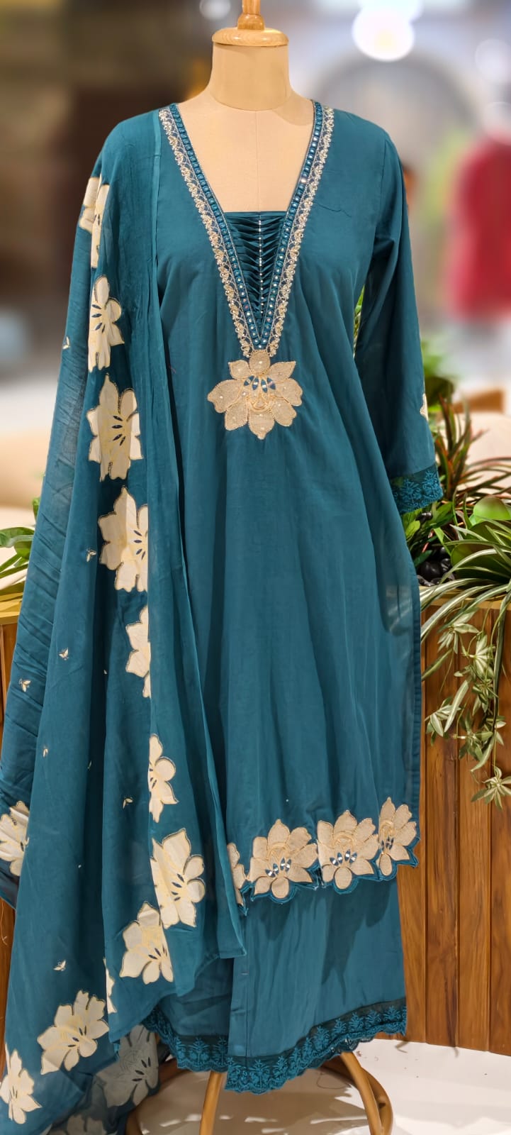 Floral Cut-Work Unique Pleated V-Neck Line Cotton Full Suit Set With Dupatta- 13007