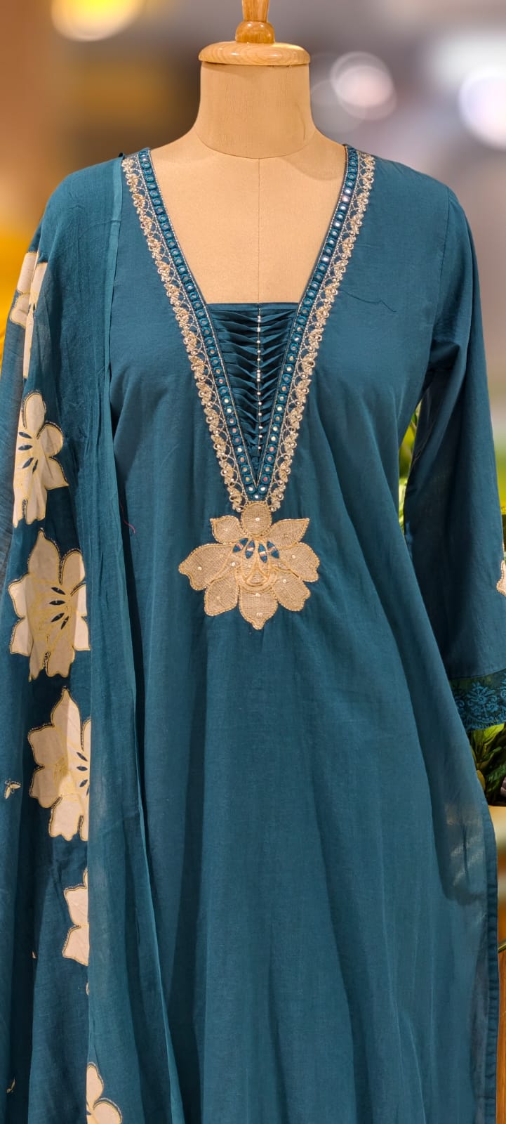 Floral Cut-Work Unique Pleated V-Neck Line Cotton Full Suit Set With Dupatta- 13007