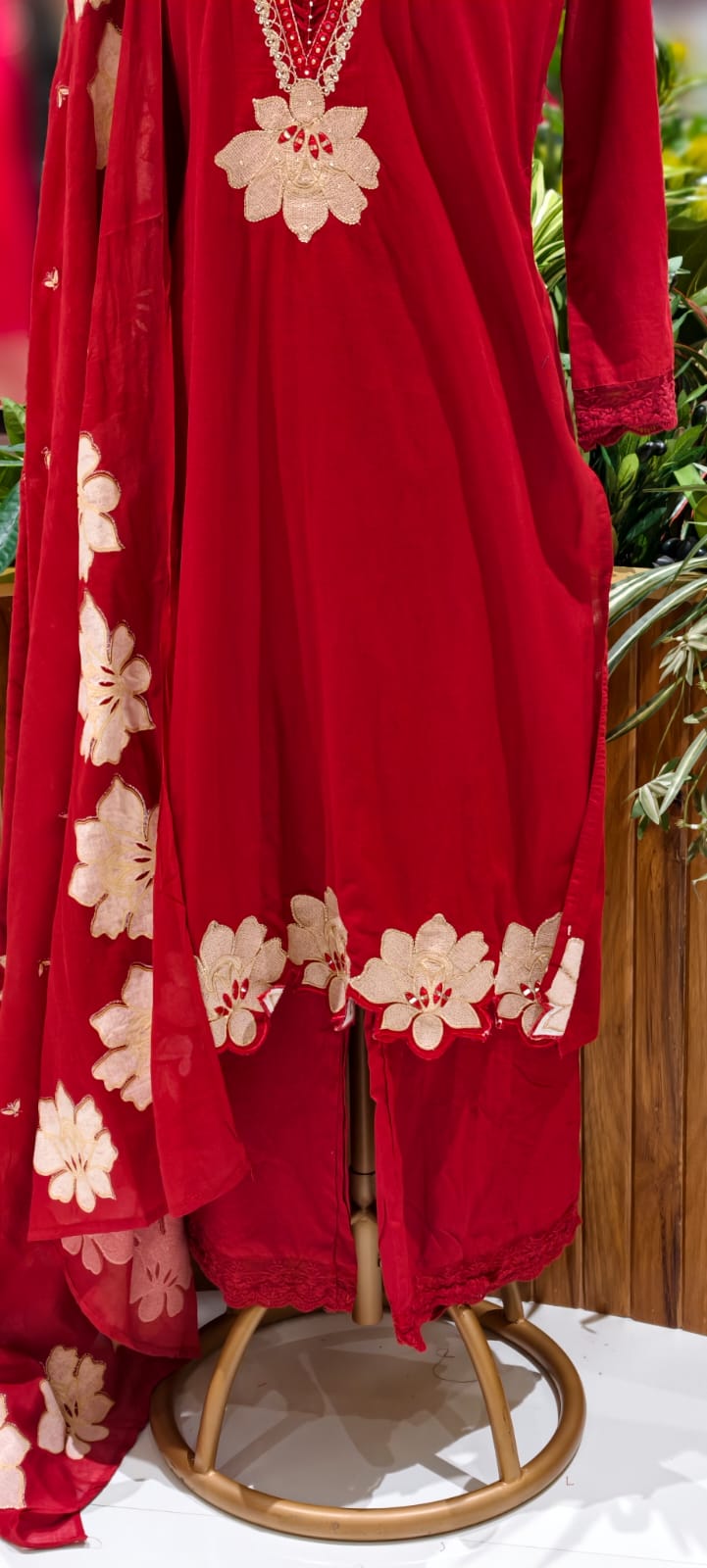 Floral Cut-Work Unique Pleated V-Neck Line Cotton Full Suit Set With Dupatta- 13007