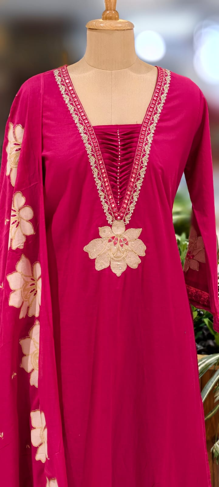 Floral Cut-Work Unique Pleated V-Neck Line Cotton Full Suit Set With Dupatta- 13007