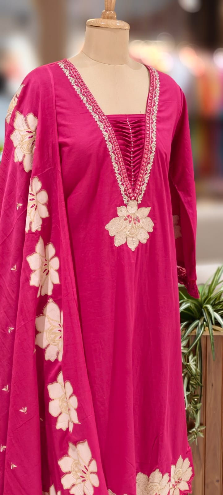 Floral Cut-Work Unique Pleated V-Neck Line Cotton Full Suit Set With Dupatta- 13007