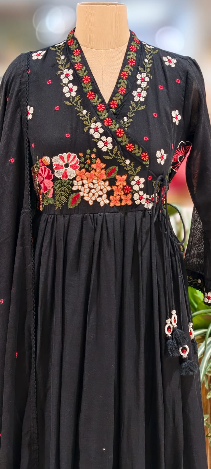 Cross Stitch Look Floral Embroidery Angrakha Pattern Anarkali Full Suit Set With Dupatta In Cotton Fabric-13015