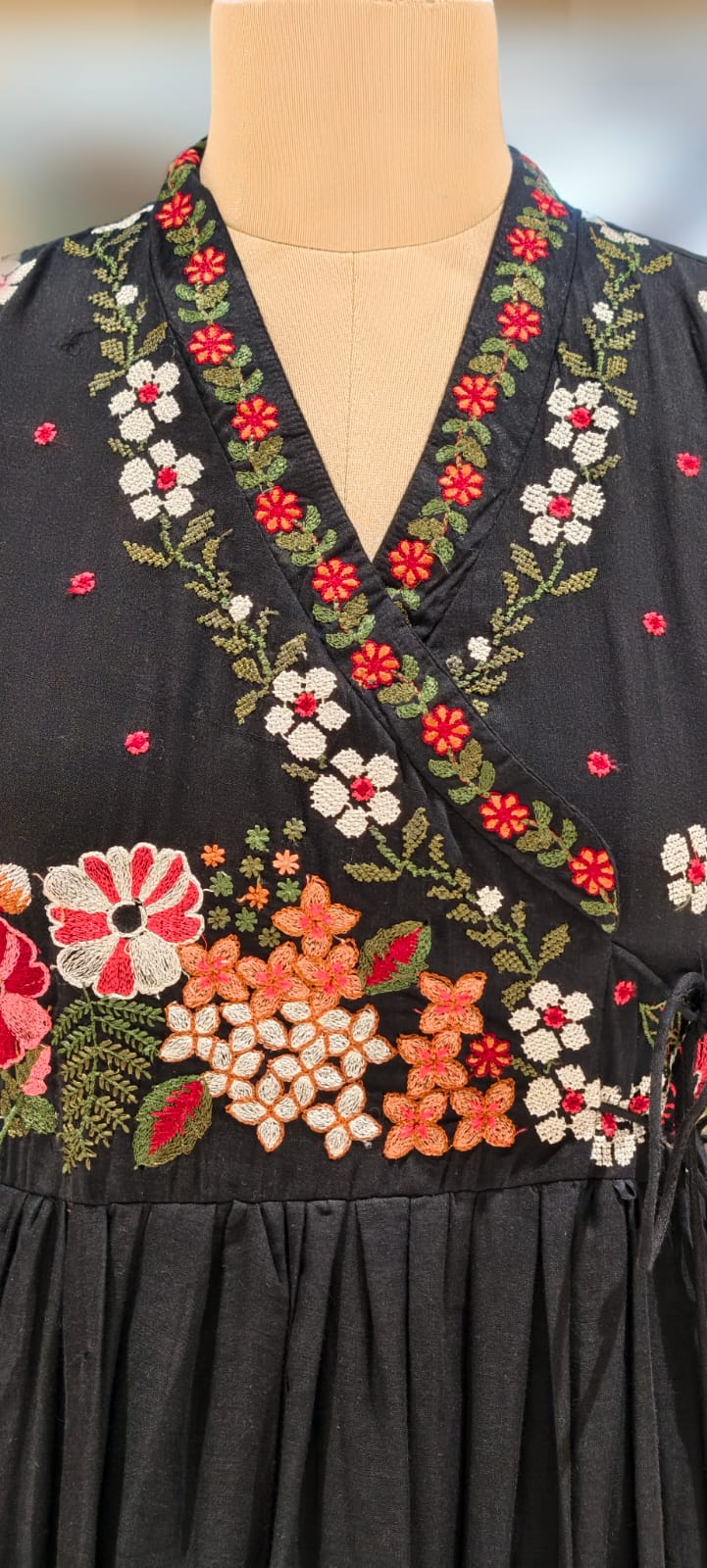 Cross Stitch Look Floral Embroidery Angrakha Pattern Anarkali Full Suit Set With Dupatta In Cotton Fabric-13015