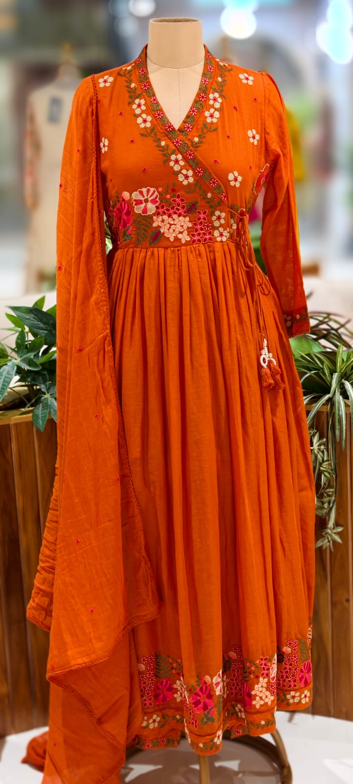 Cross Stitch Look Floral Embroidery Angrakha Pattern Anarkali Full Suit Set With Dupatta In Cotton Fabric-13015