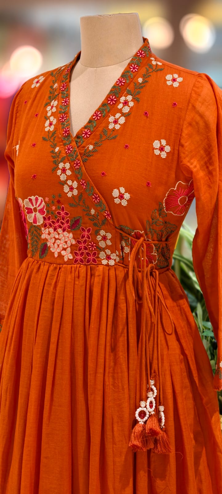 Cross Stitch Look Floral Embroidery Angrakha Pattern Anarkali Full Suit Set With Dupatta In Cotton Fabric-13015