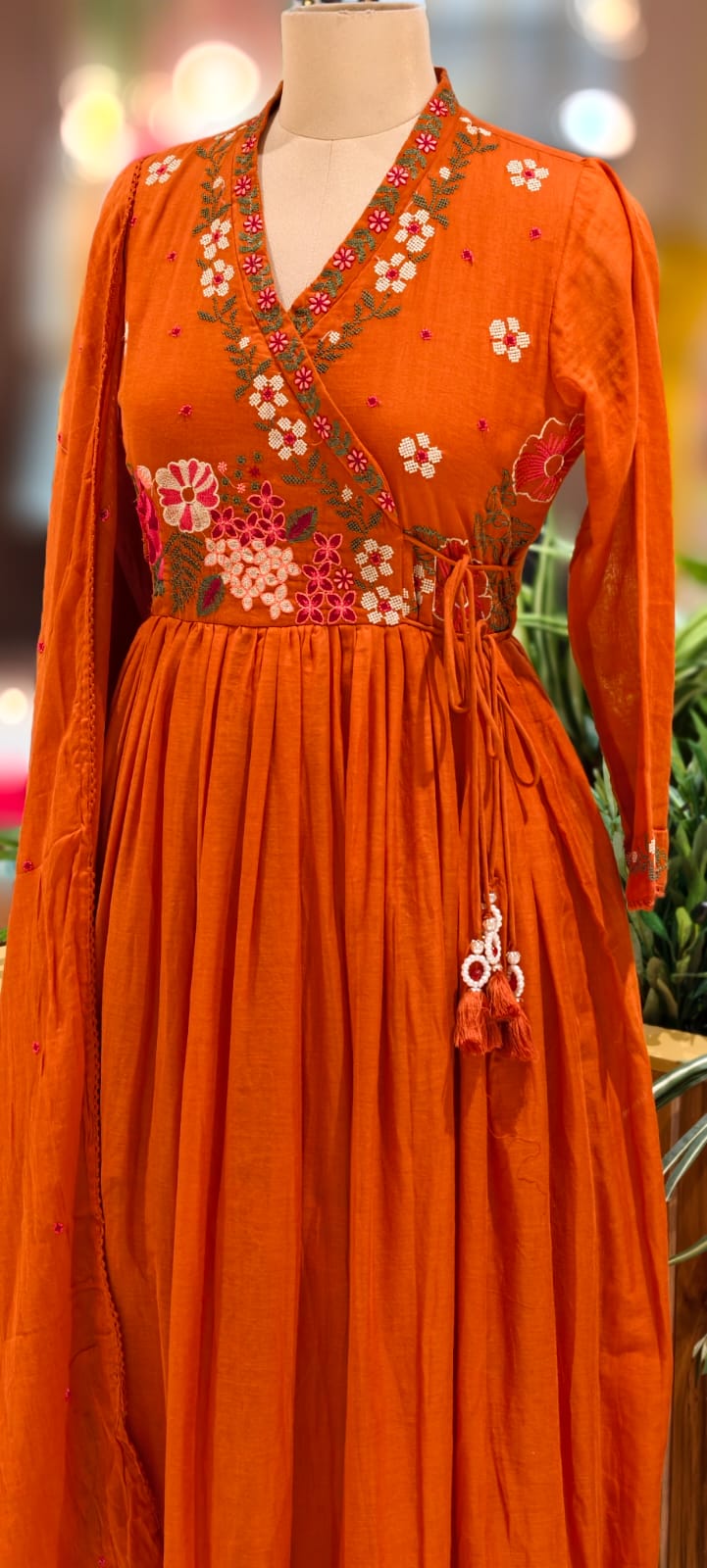 Cross Stitch Look Floral Embroidery Angrakha Pattern Anarkali Full Suit Set With Dupatta In Cotton Fabric-13015