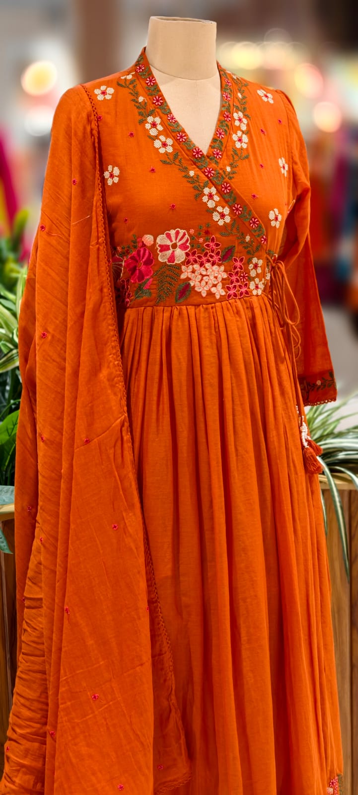 Cross Stitch Look Floral Embroidery Angrakha Pattern Anarkali Full Suit Set With Dupatta In Cotton Fabric-13015