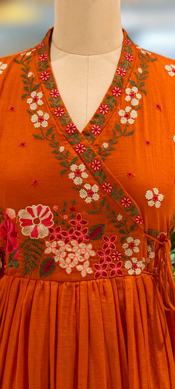 Cross Stitch Look Floral Embroidery Angrakha Pattern Anarkali Full Suit Set With Dupatta In Cotton Fabric-13015