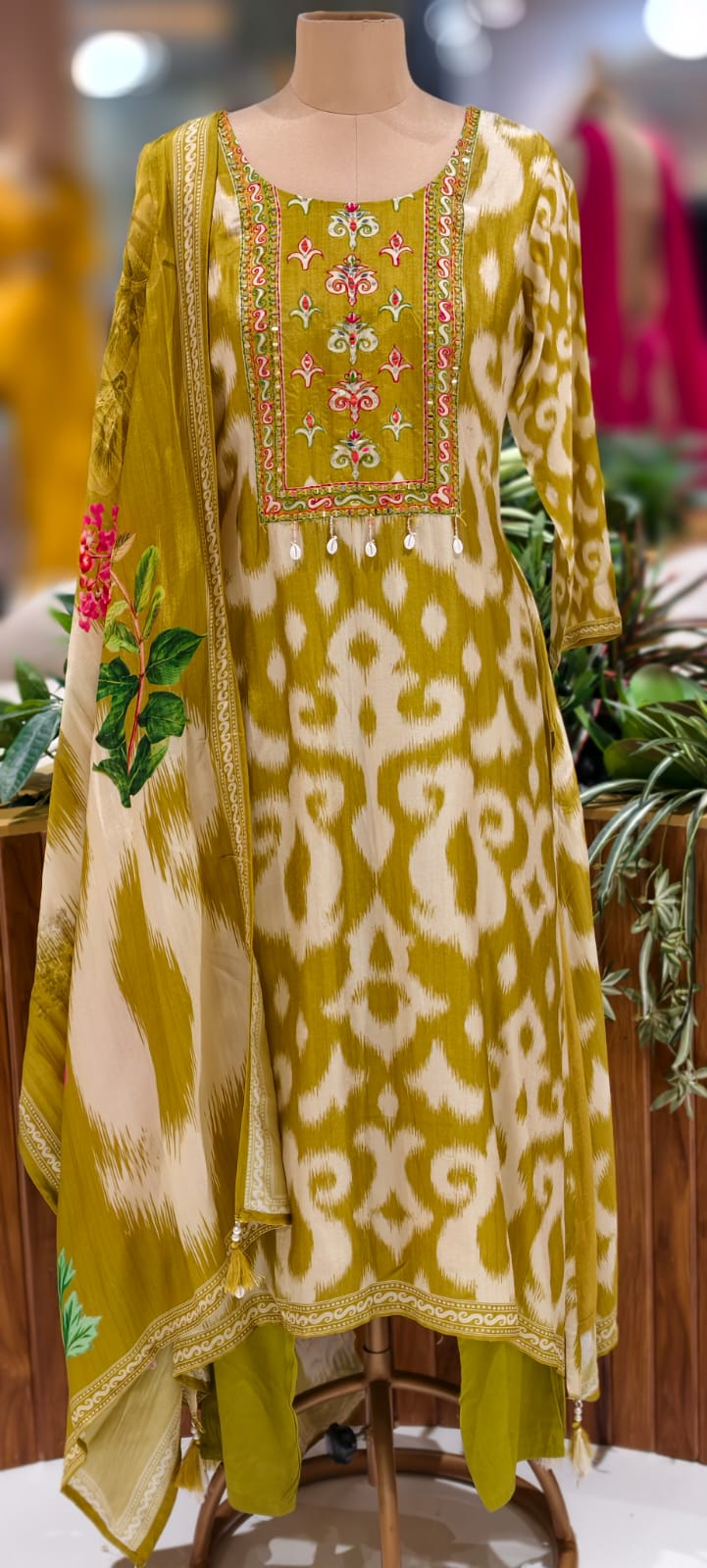 Russian Silk Multicolor Yoke With Tassel Printed A-Line Full Suit Set With Dupatta- 12958